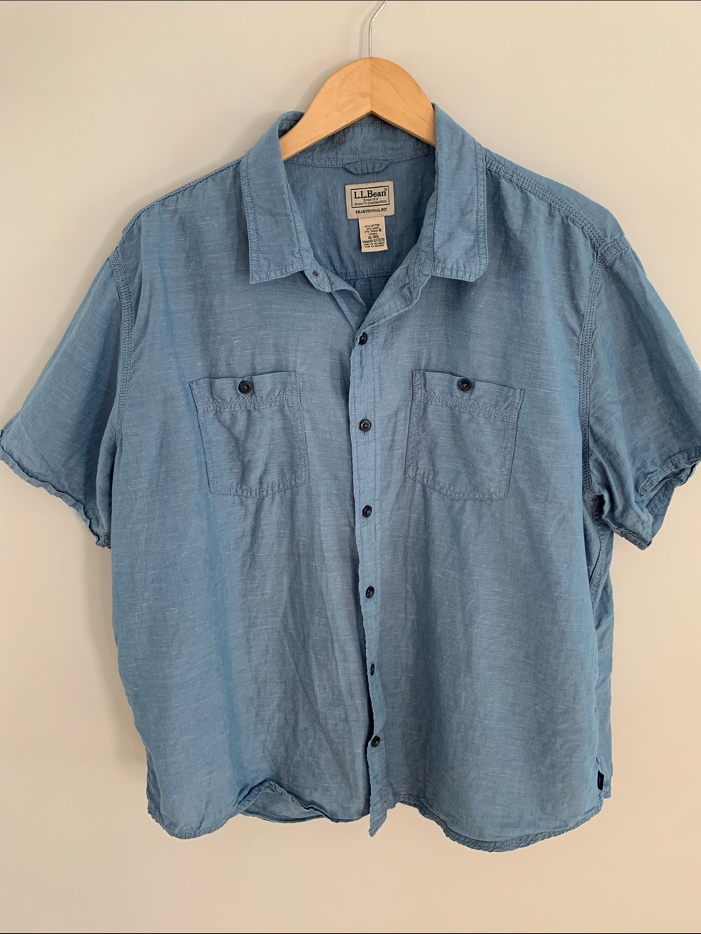 L.L. Bean Linen Blend Casual Button Up Short Sleeve Shirt Chambray Blue XL
